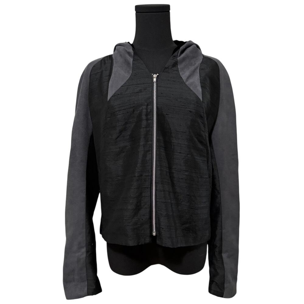 Teresa Crowninshield Hooded Crop Jacket Silk Long Sleeve USA Gray Black Small